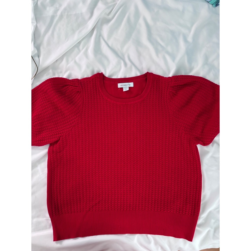 Liz Claiborne Red Textured Knit Puff Sleeve Sweater Top Plus Size 1X